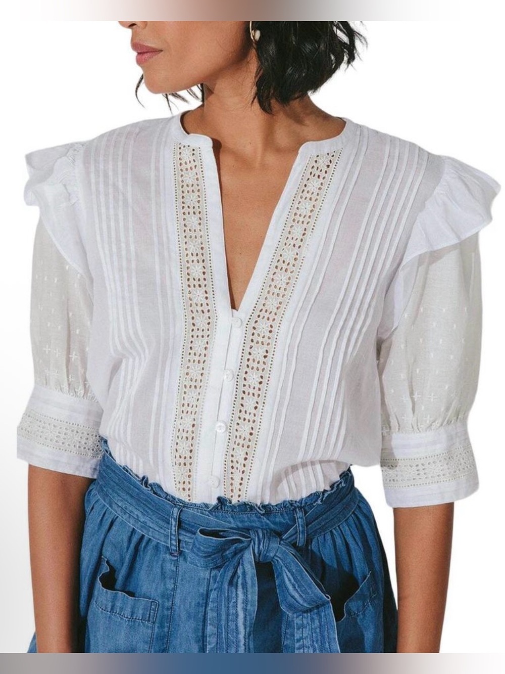 Cleobella Bianca White Organic Cotton Eyelet Pintuck Ruffle Blouse Small